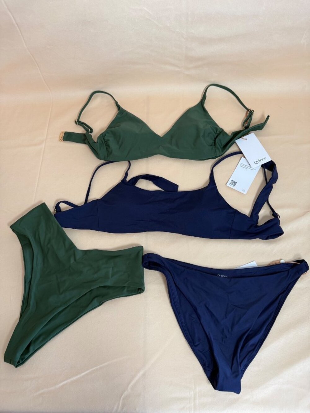 Quince Womens Bikini Set Bundle Green & Navy V-Neck Top High Rise Bottom Small
